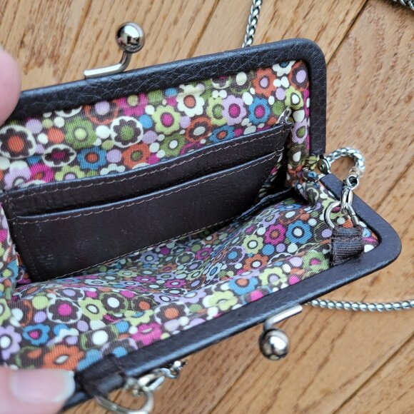 Brighton Brown Coin Purse Kiss Lock Leather Flower Appliqué Chain Strap - Picture 5 of 12